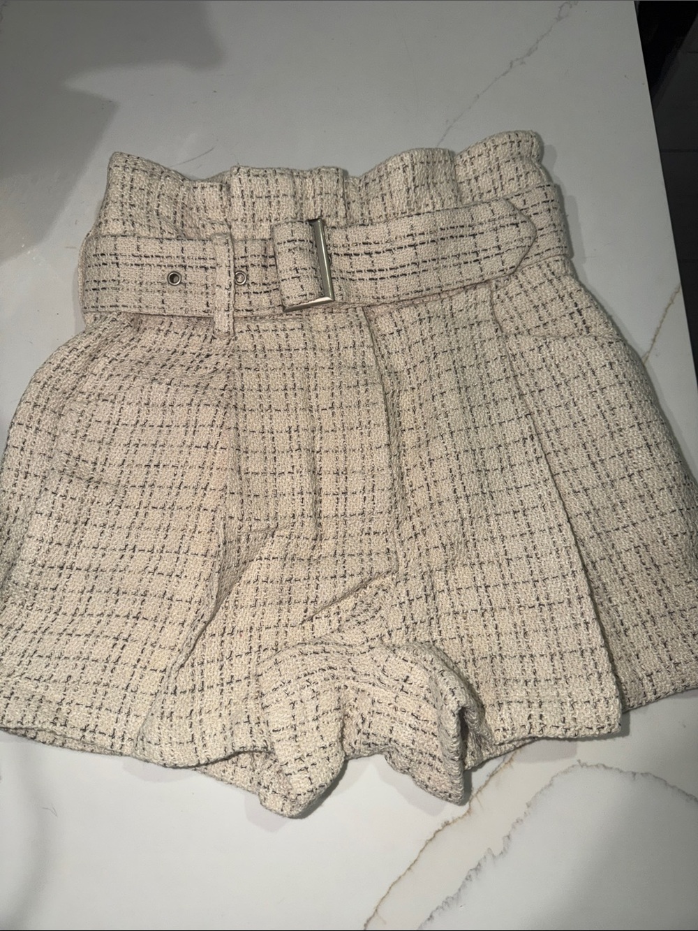 High-Rise Tweed Belted Skort in Cream